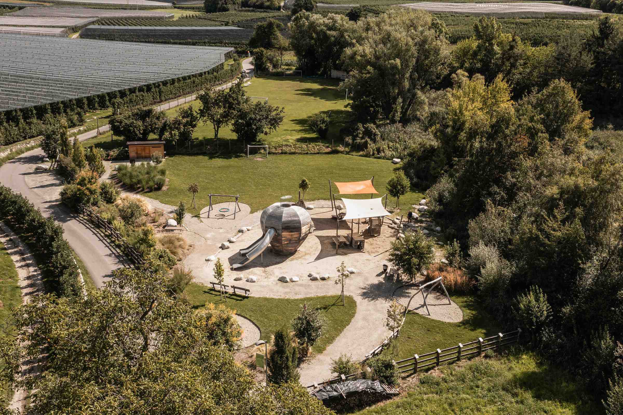 Aerial view of the playground and sports field at the Sonnenhof